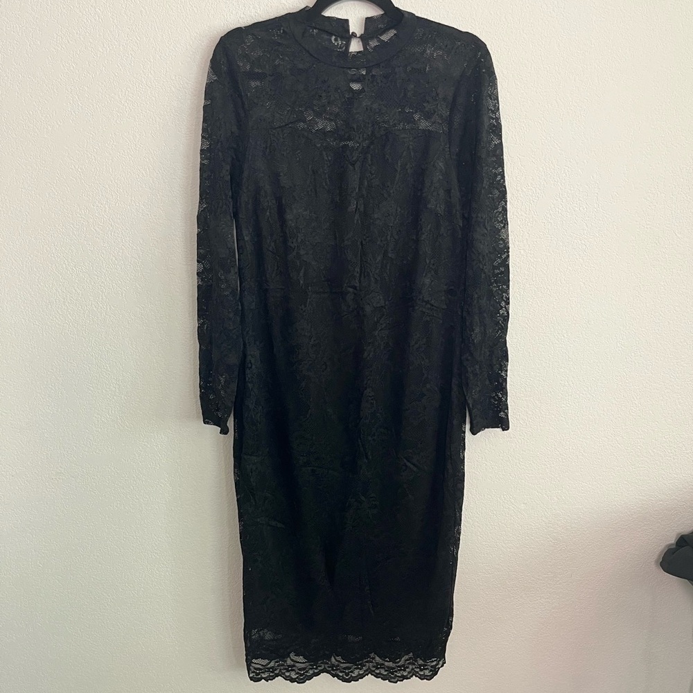 SHEIN Black Lace Long Sleeve Midi Dress
